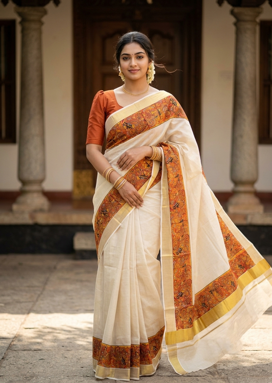 Southloom Kerala Tissue Kasavu Saree with Theyyam Prints And Gold Kasavu Border SL474