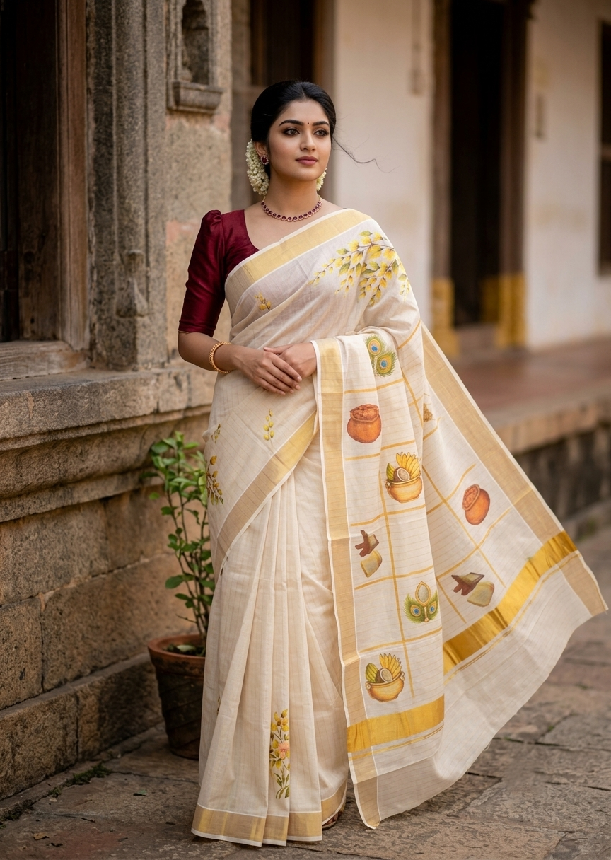 Southloom Tissue Kasavu Lines Saree with Kanikonna Floral Prints on Body SL489