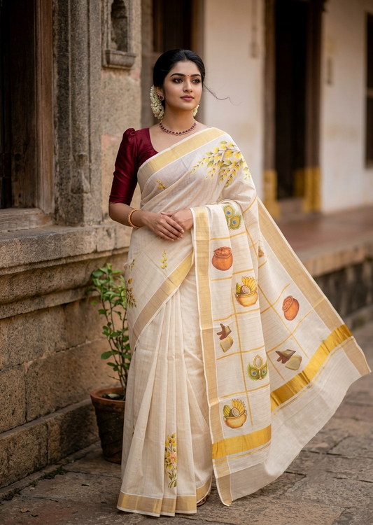 Southloom Tissue Kasavu Lines Saree with Kanikonna Floral Prints on Body SL489