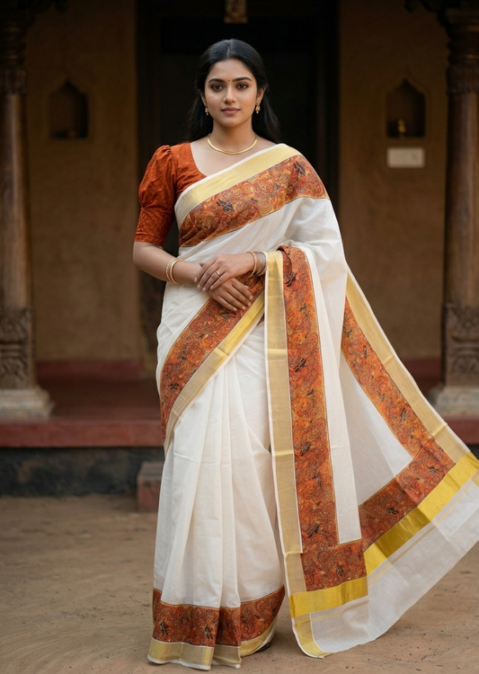 Southloom Kerala Cotton Kasavu Saree with Theyyam Prints And Gold Kasavu Border SL474