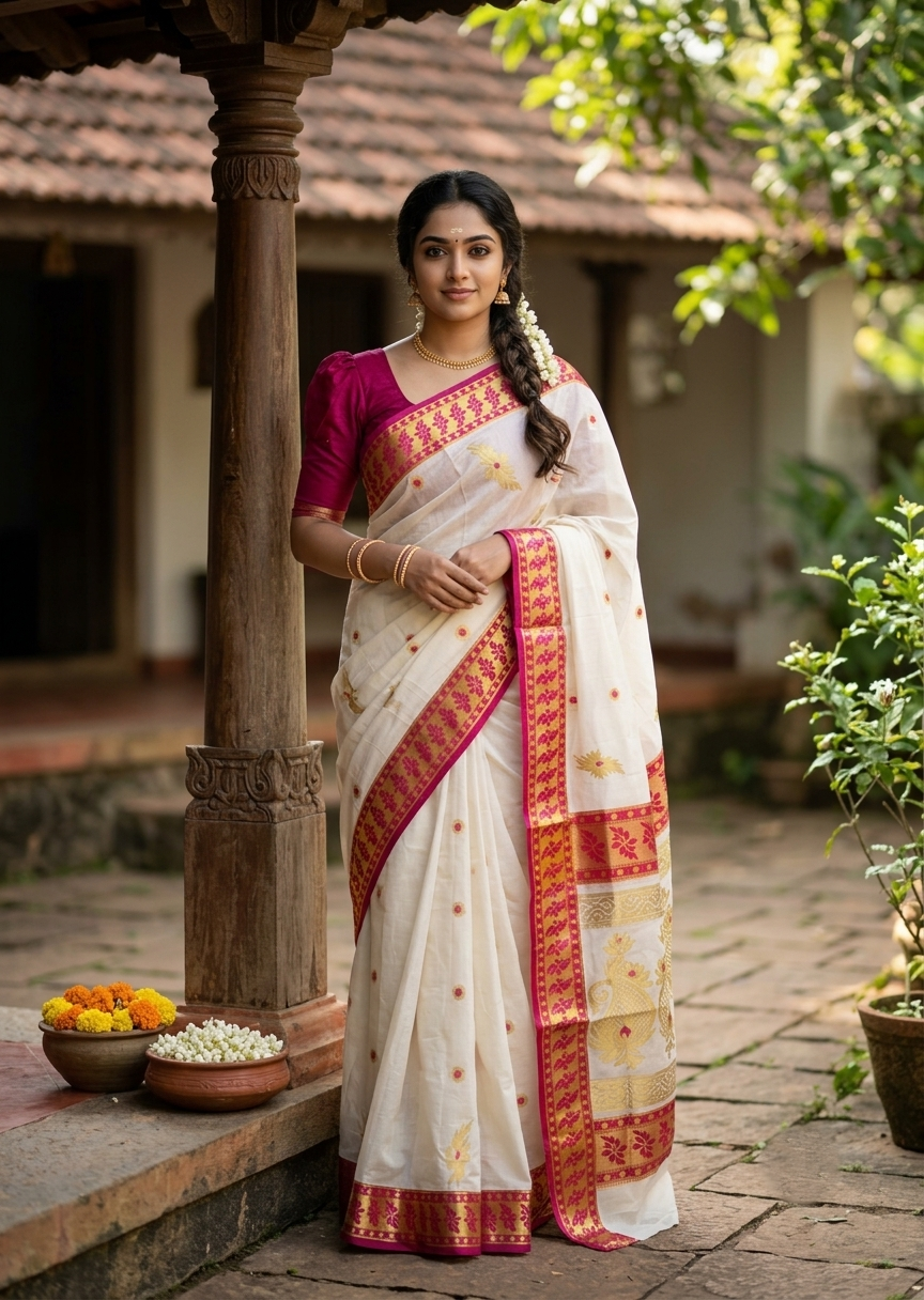 Southloom Pure Cotton Kerala Kasavu Heavy Work Saree with Polka Woven Design on Body in Pink SL490