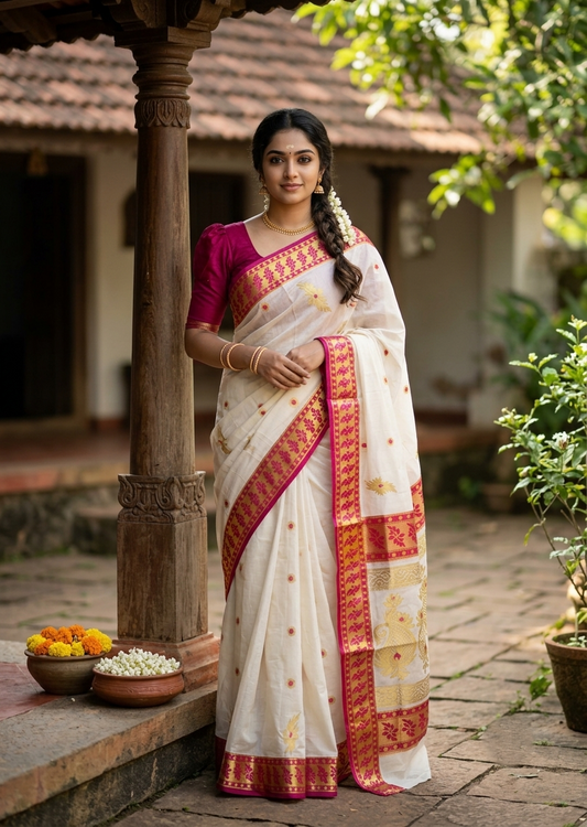 Southloom Pure Cotton Kerala Kasavu Heavy Work Saree with Polka Woven Design on Body in Pink SL490