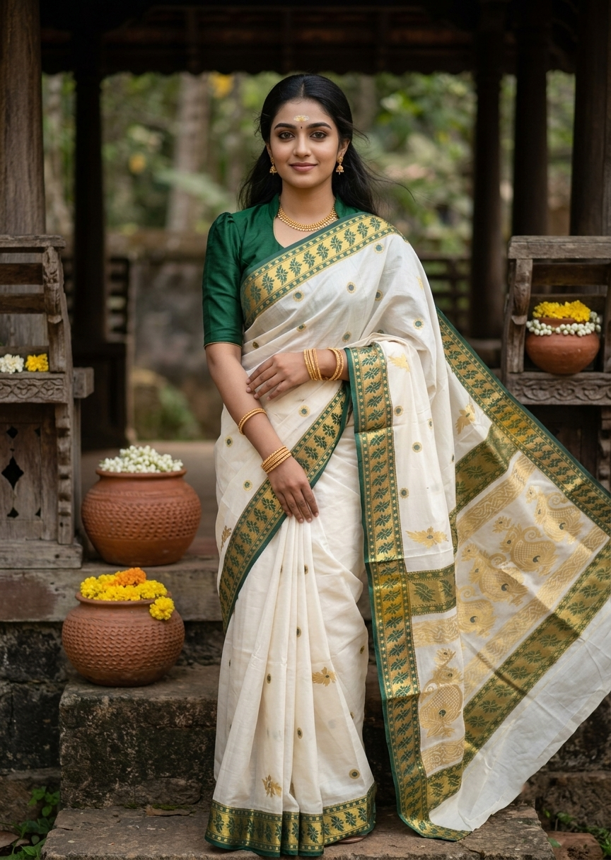 Southloom Pure Cotton Kerala Kasavu Heavy Work Saree with Polka Woven Design on Body in Green SL490
