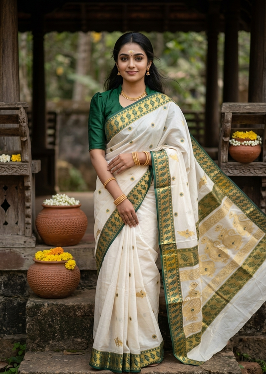 Southloom Pure Cotton Kerala Kasavu Heavy Work Saree with Polka Woven Design on Body in Green SL490