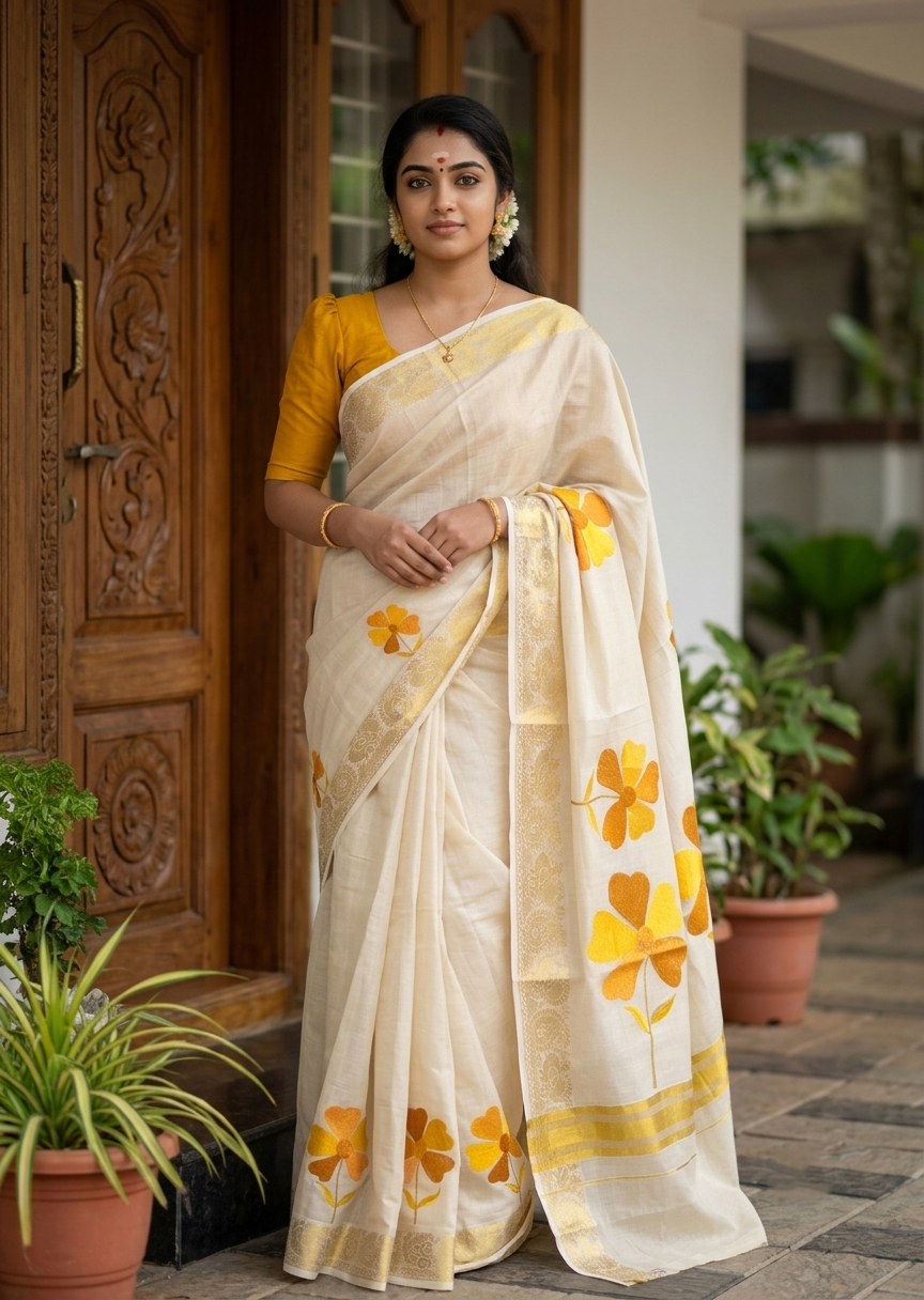 Southloom Kerala Tissue Kasavu Saree with Grey Floral Embroidery Work on Body and Peacock Woven Design on Border SL491