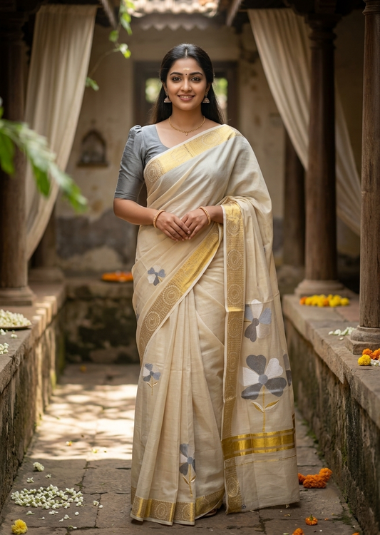 Southloom Kerala Tissue Kasavu Saree with Grey Floral Embroidery Work on Body and Peacock Woven Design on Border SL491