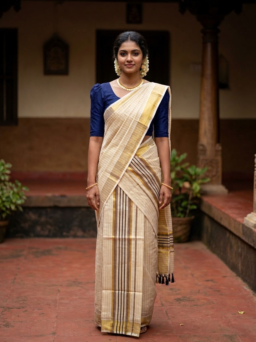 Southloom Tissue Set Mundu with Gold Kasavu and Stripes on Body in Dark Blue 2.80 Mtrs SL493