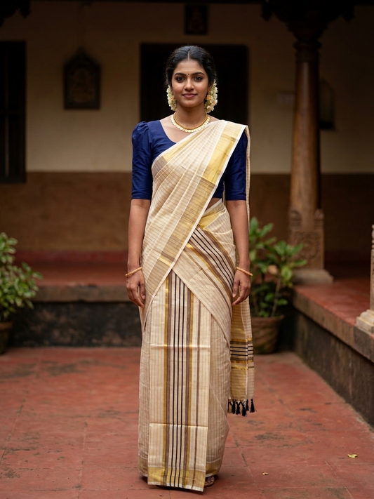 Southloom Tissue Set Mundu with Gold Kasavu and Stripes on Body in Dark Blue 2.80 Mtrs SL493
