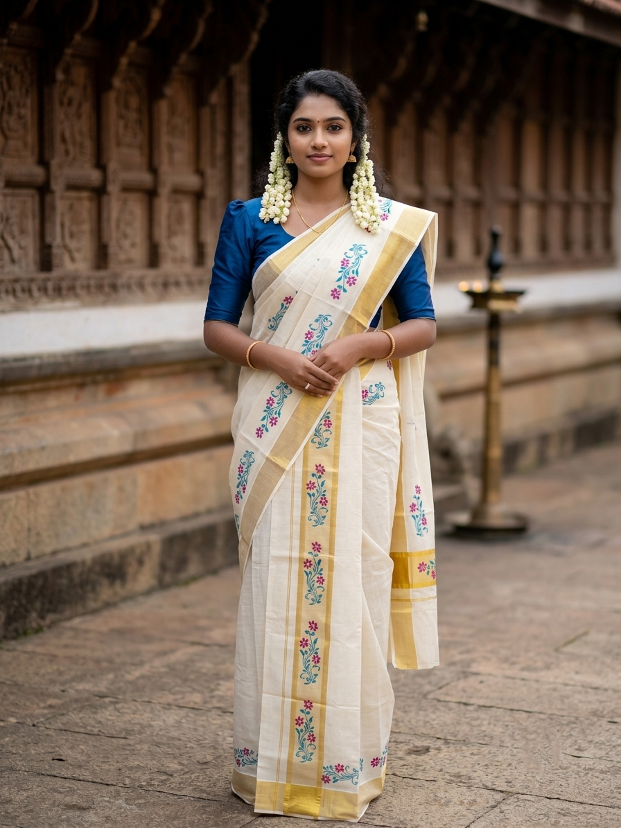 Southloom Pure Cotton Set Mundu with Gold Kasavu and Micro Stripes Across Body with Floral Print in Magenta and Blue 2.80 Mtrs SL405