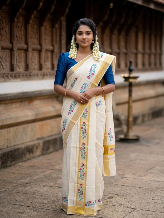 Southloom Pure Cotton Set Mundu with Gold Kasavu and Micro Stripes Across Body with Floral Print in Magenta and Blue 2.80 Mtrs SL405