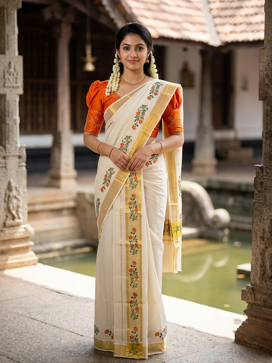 Southloom Pure Cotton Set Mundu with Gold Kasavu and Micro Stripes Across Body with Floral Print in Orange and Green 2.80 Mtrs SL405