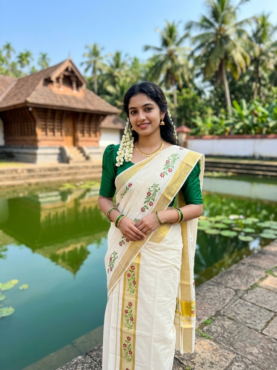 Southloom Pure Cotton Set Mundu with Gold Kasavu and Micro Stripes Across Body with Floral Print in Red and Green 2.80 Mtrs SL405