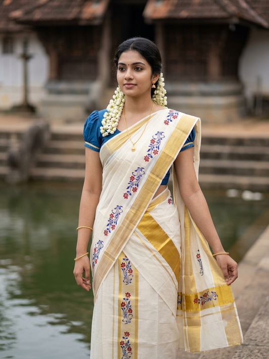 Southloom Pure Cotton Set Mundu with Gold Kasavu and Micro Stripes Across Body with Floral Print in Red and Blue 2.80 Mtrs SL405