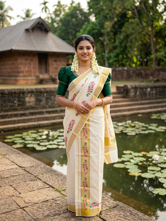 Southloom Pure Cotton Set Mundu with Gold Kasavu and Micro Stripes Across Body with Floral Print in Magenta and Green 2.80 Mtrs SL405