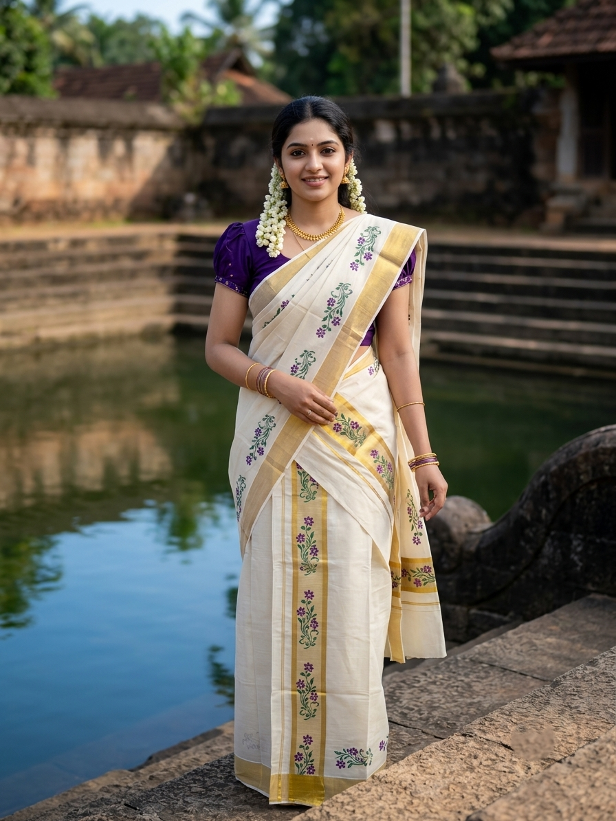 Southloom Pure Cotton Set Mundu with Gold Kasavu and Micro Stripes Across Body with Floral Print in Purple and Green 2.80 Mtrs SL405