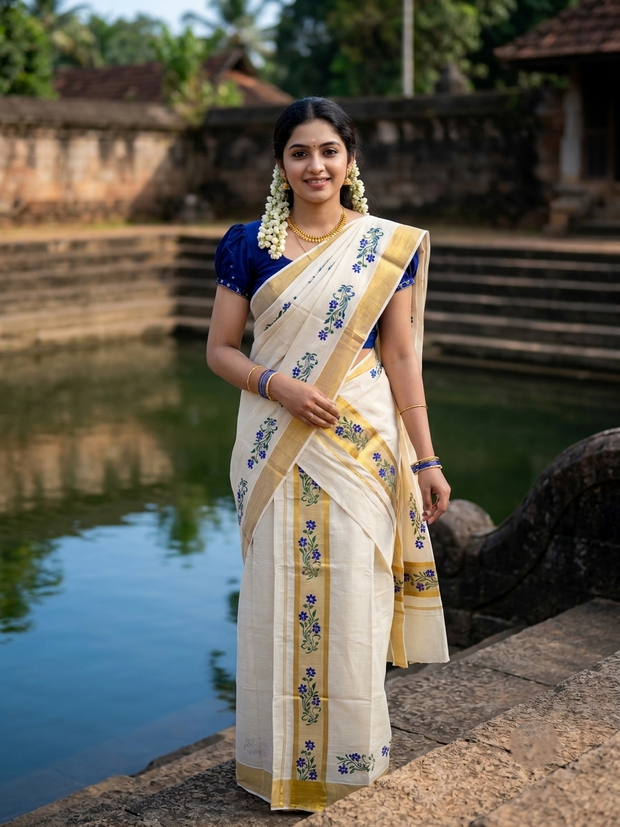 Southloom Pure Cotton Set Mundu with Gold Kasavu and Micro Stripes Across Body with Floral Print in Blue and Green 2.80 Mtrs SL405