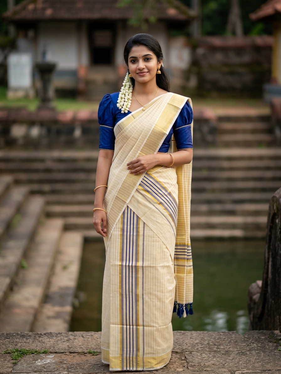 Southloom Tissue Set Mundu with Gold Kasavu and Stripes on Body in Blue 2.80 Mtrs SL493