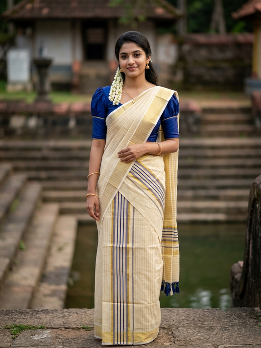 Southloom Tissue Set Mundu with Gold Kasavu and Stripes on Body in Blue 2.80 Mtrs SL493