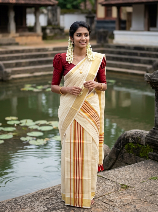 Southloom Tissue Set Mundu with Gold Kasavu and Stripes on Body in Red 2.80 Mtrs SL493