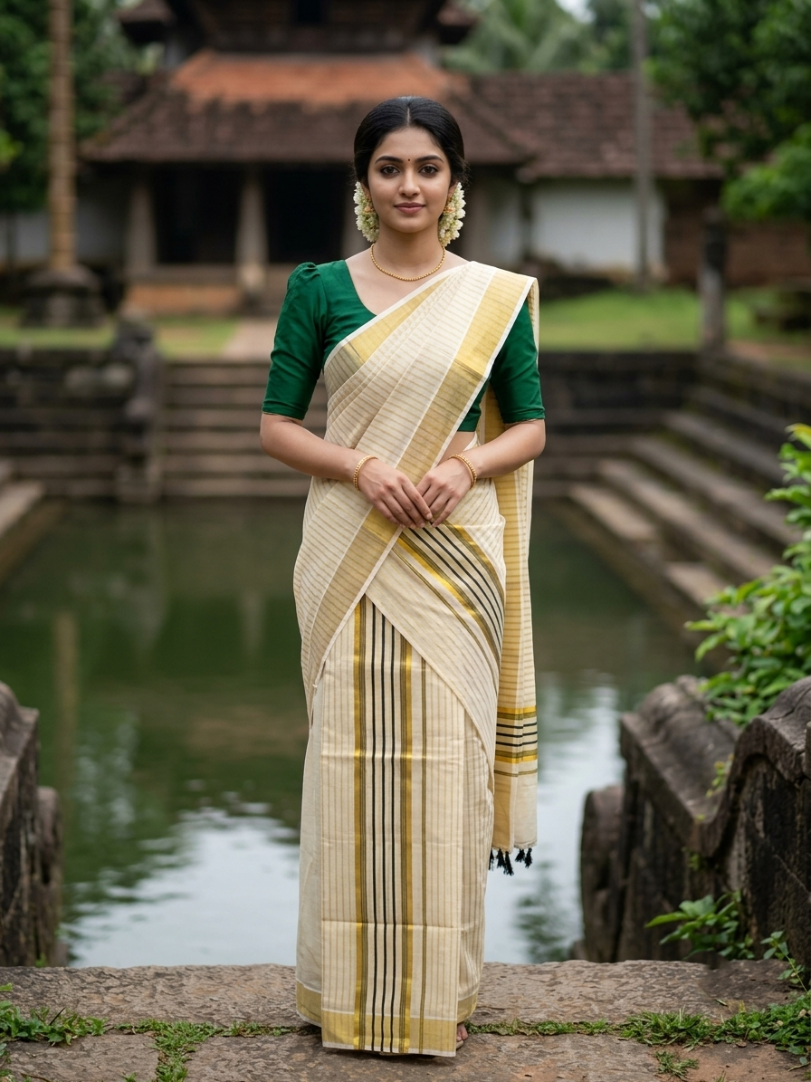 Southloom Tissue Set Mundu with Gold Kasavu and Stripes on Body in Dark Green 2.80 Mtrs SL493