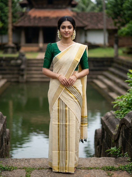 Southloom Tissue Set Mundu with Gold Kasavu and Stripes on Body in Dark Green 2.80 Mtrs SL493