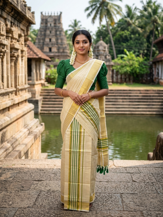 Southloom Tissue Set Mundu with Gold Kasavu and Stripes on Body in Green 2.80 Mtrs SL493