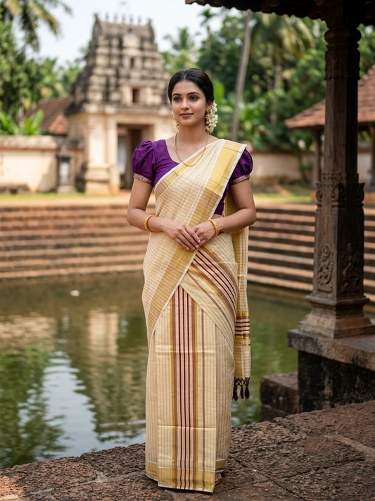 Southloom Tissue Set Mundu with Gold Kasavu and Stripes on Body in Purple 2.80 Mtrs SL493