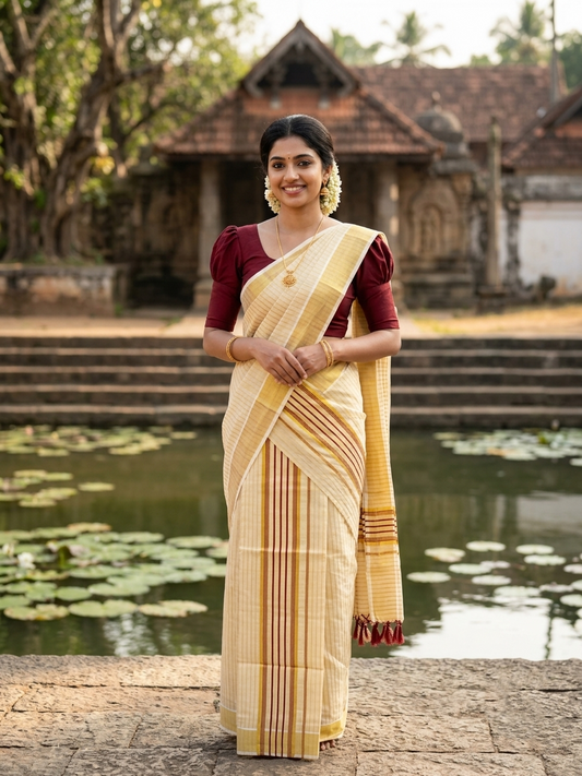 Southloom Tissue Set Mundu with Gold Kasavu and Stripes on Body in Maroon 2.80 Mtrs SL493