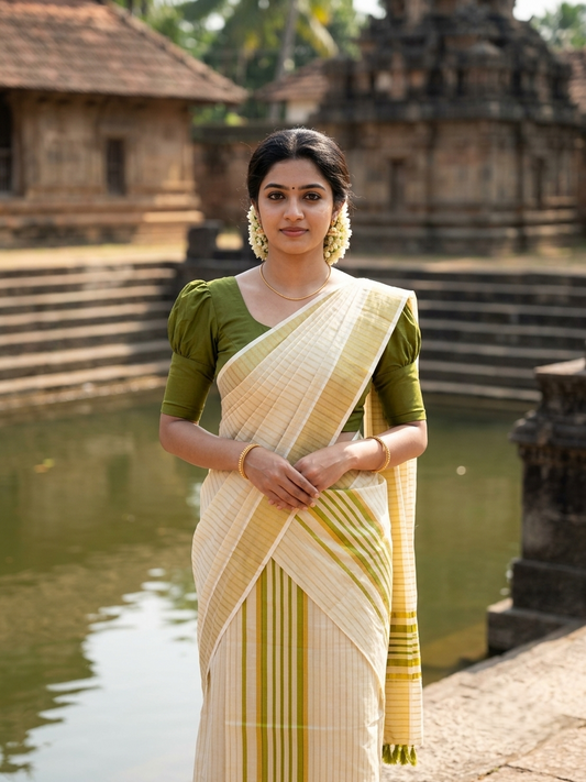 Southloom Tissue Set Mundu with Gold Kasavu and Stripes on Body in Olive Green 2.80 Mtrs SL493
