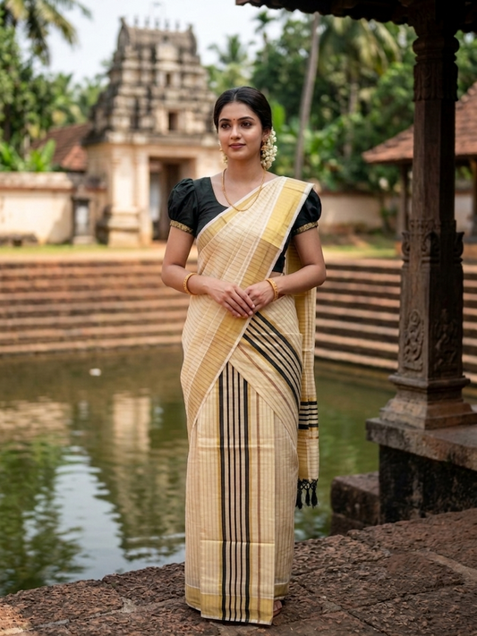 Southloom Tissue Set Mundu with Gold Kasavu and Stripes on Body in Black 2.80 Mtrs SL493