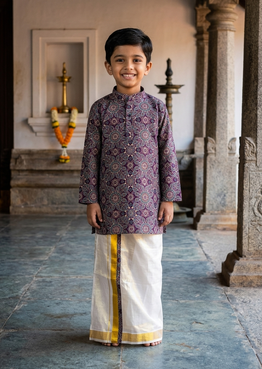 Southloom Tissue Ajrakh Printed Kids's Combo (Kurta + Velcro Mundu)