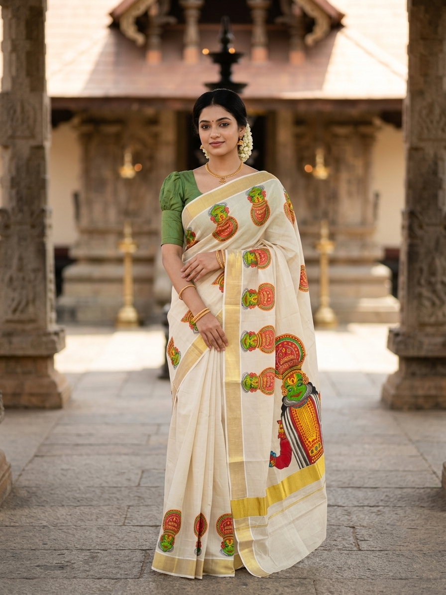 Southloom Kerala Tissue Kasavu Saree with Kathakali Mural Printed Design