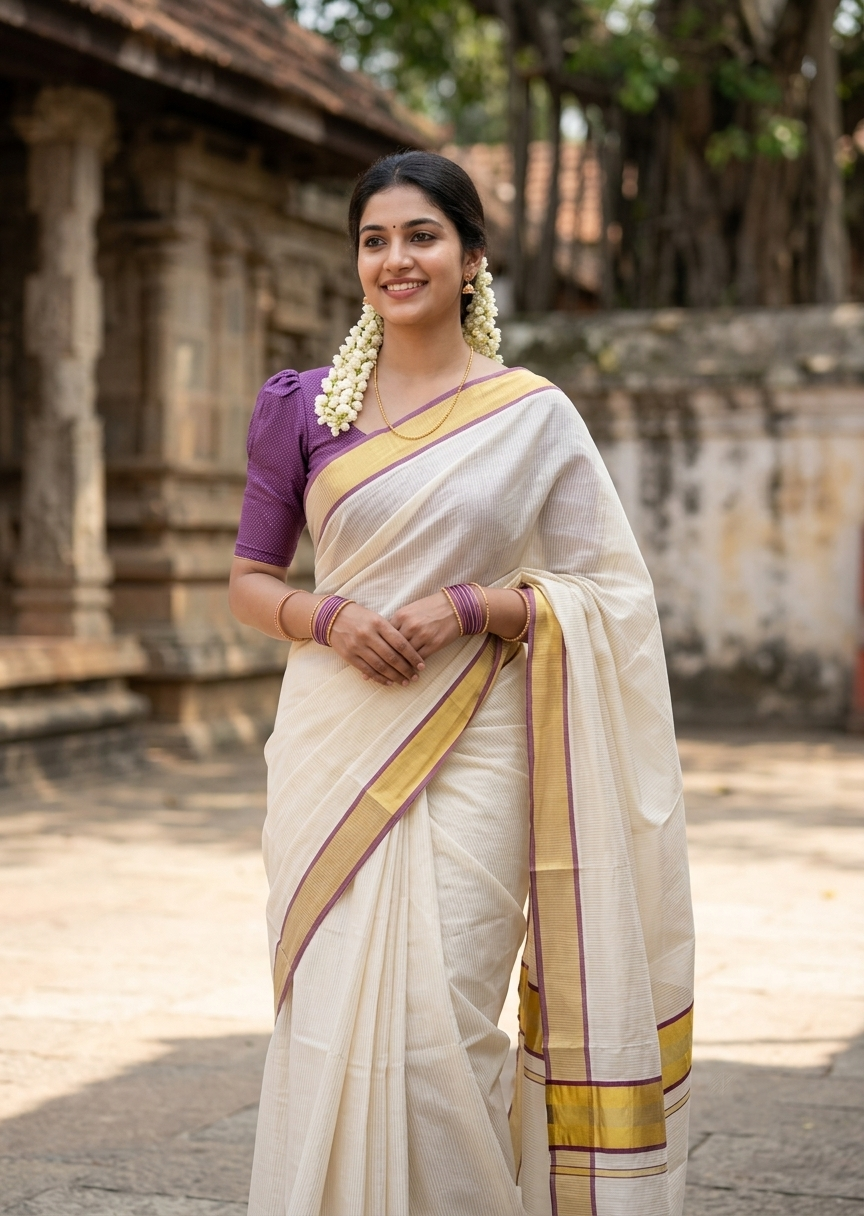 Southloom Kerala Cotton Kasavu Saree with Micro Stripes on Body In Purple Border SL361