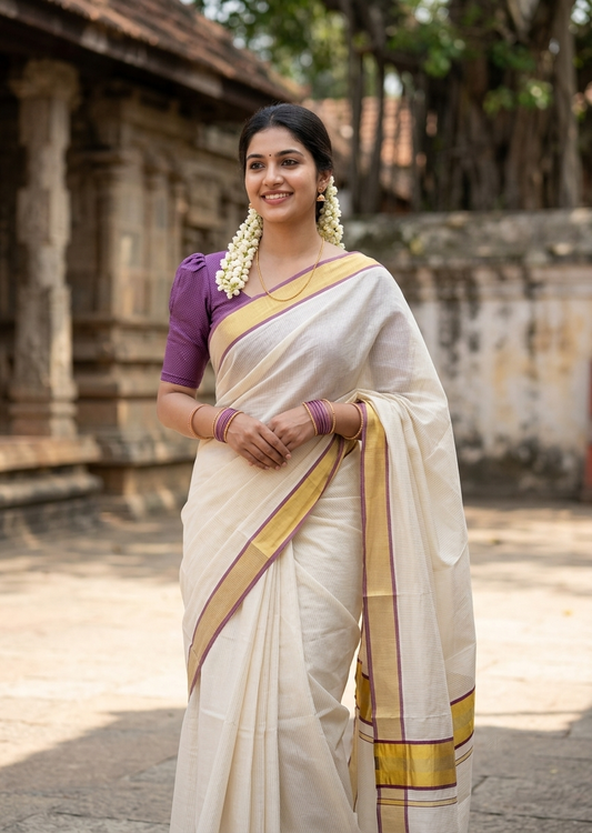 Southloom Kerala Cotton Kasavu Saree with Micro Stripes on Body In Purple Border SL361