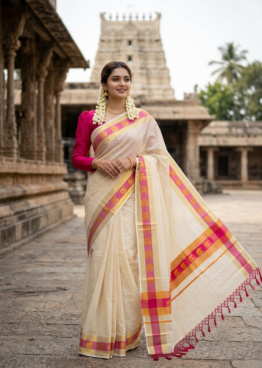 Southloom Kerala Tissue Kasavu Saree with Elephant Digital Print on Borders in Pink SL507