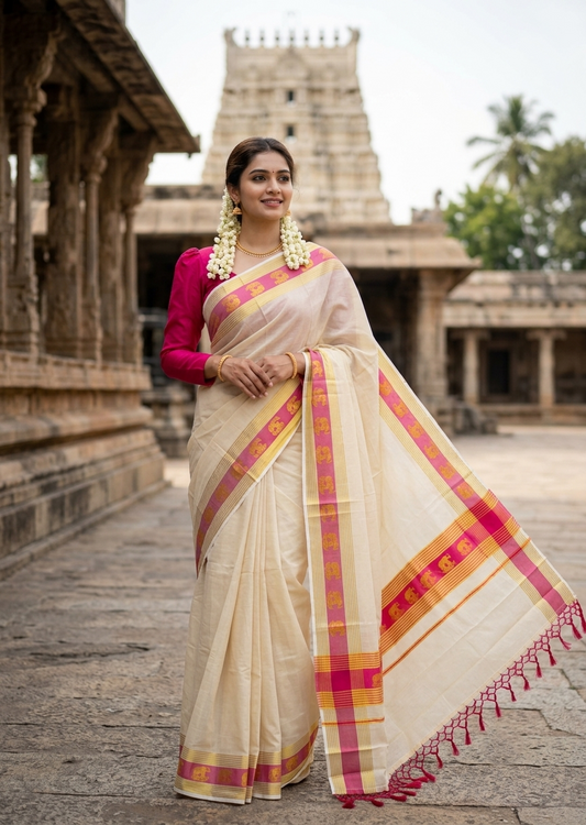 Southloom Kerala Tissue Kasavu Saree with Elephant Digital Print on Borders in Pink SL507