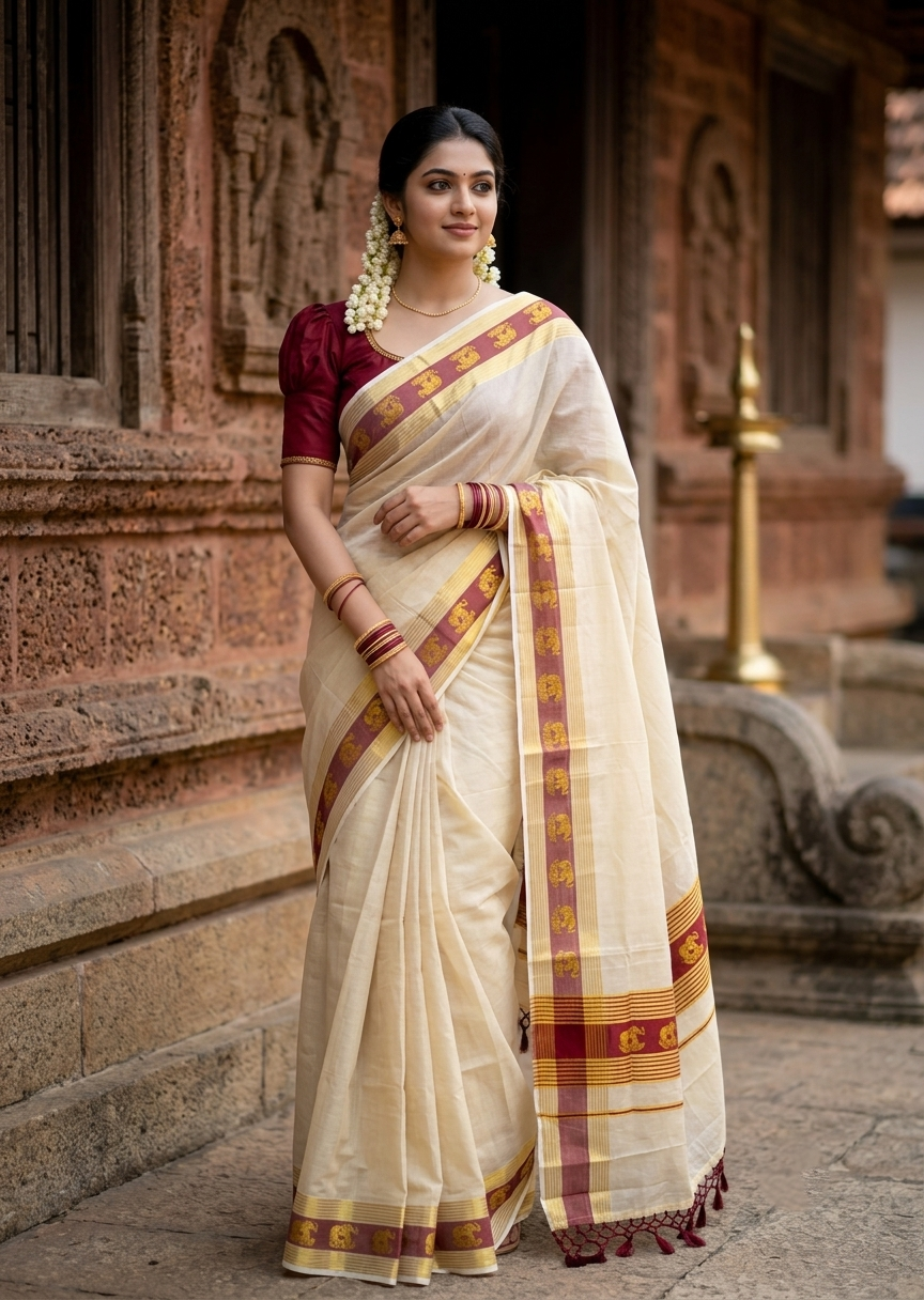 Southloom Kerala Tissue Kasavu Saree with Elephant Digital Print on Borders in Maroon SL507