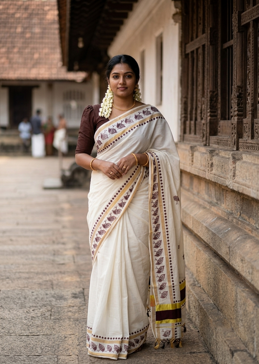 Southloom Cotton Kerala Kasavu Saree with Digital Print on Body With Polka Borders in Brown SL519