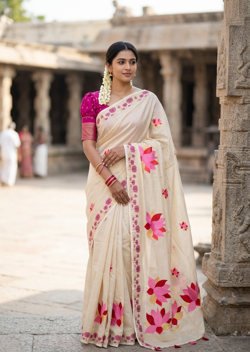 Southloom Kerala Tissue Pink Lotus Embroidery Design on the Body With Pink Tussles SL550