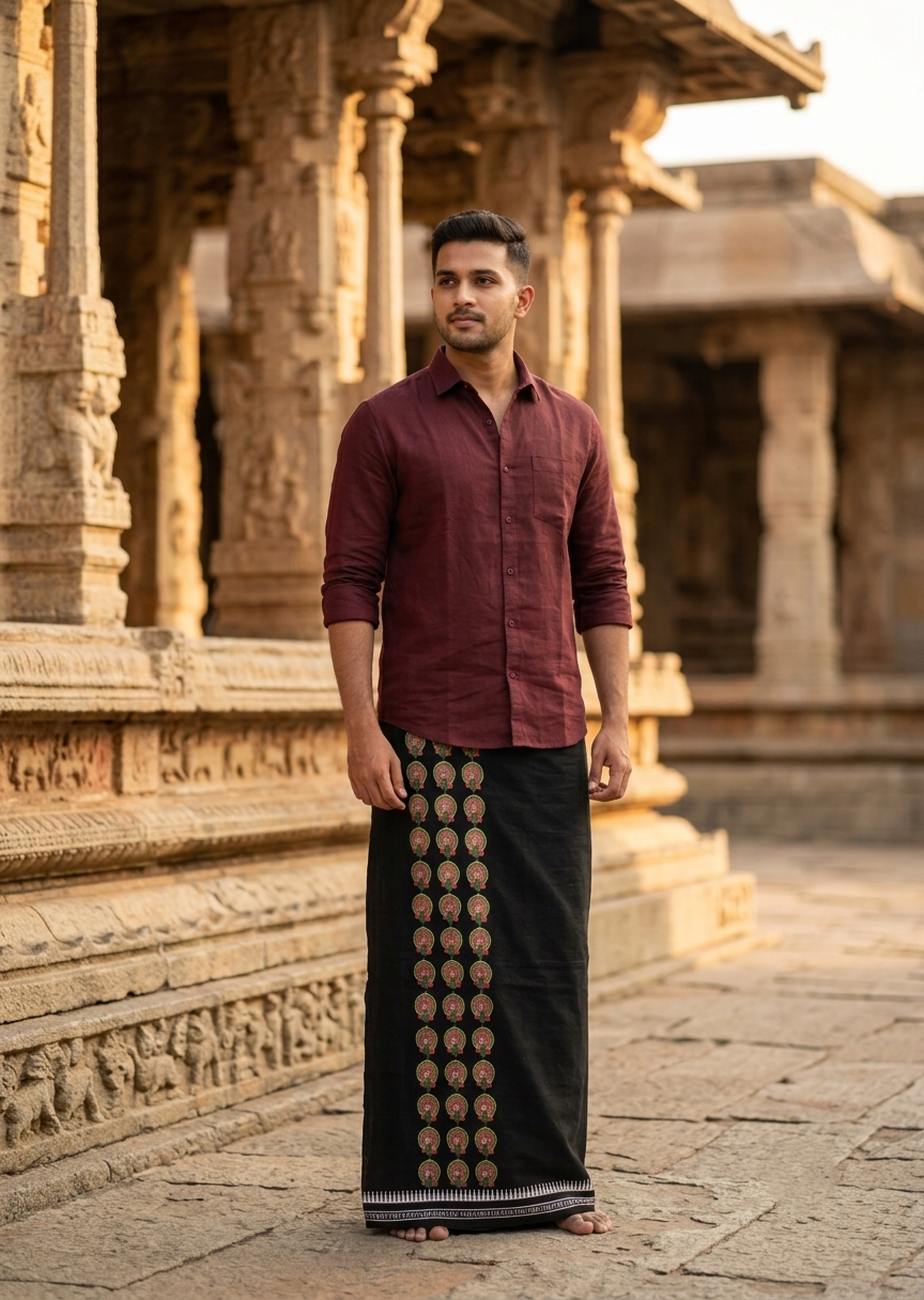 Southloom Black Printed Single Mundu / Otta Mundu / Lungi (South Indian Kerala Dhoti) with Theyyam Print