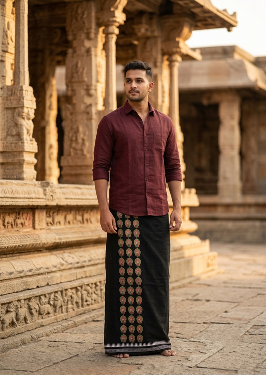 Southloom Black Printed Single Mundu / Otta Mundu / Lungi (South Indian Kerala Dhoti) with Theyyam Print