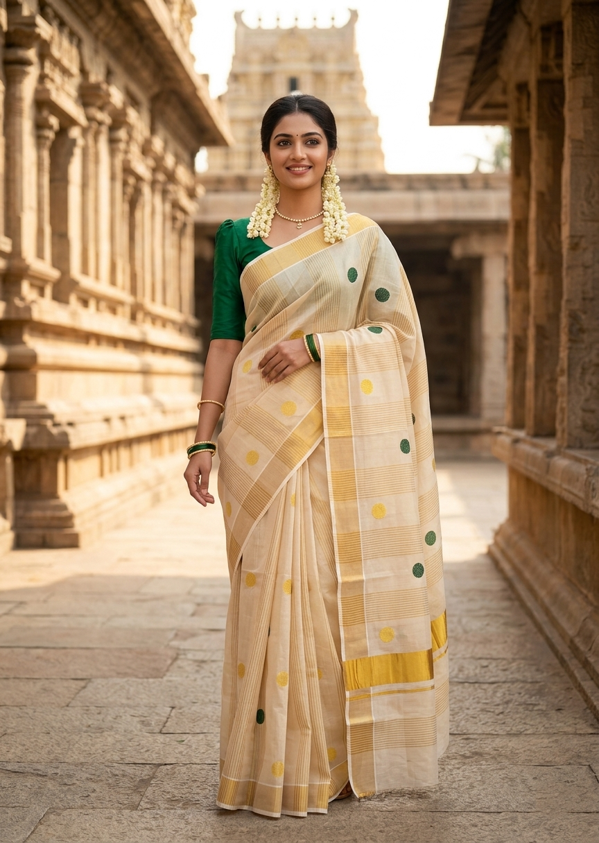 Southloom Kerala Tissue Kasavu Stripes Saree with Polka Embroidery Works on Body in Green