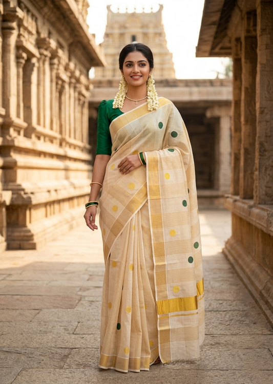Southloom Kerala Tissue Kasavu Stripes Saree with Polka Embroidery Works on Body in Green