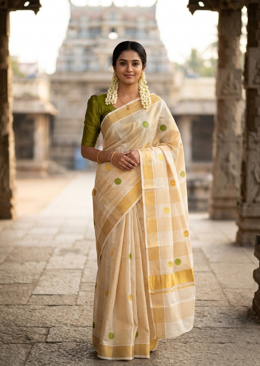 Southloom Kerala Tissue Kasavu Stripes Saree with Polka Embroidery Works on Body in Olive Green