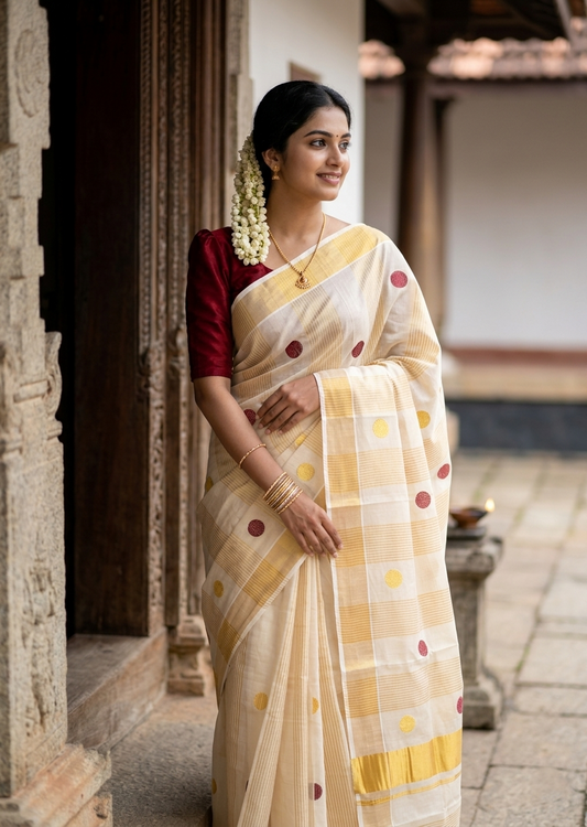 Southloom Kerala Tissue Kasavu Stripes Saree with Polka Embroidery Works on Body in Maroon