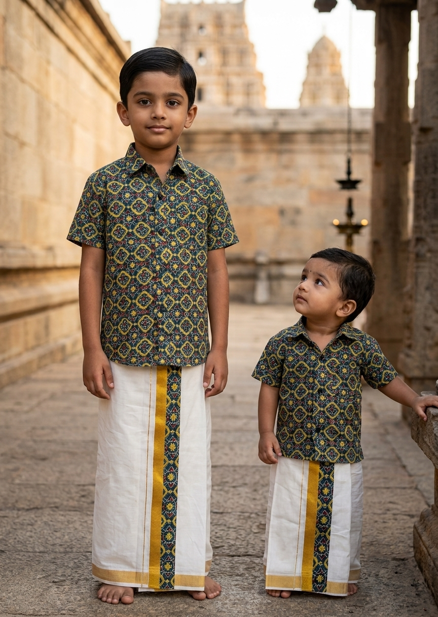 Southloom Cotton Floral Printed Kids's Combo (Shirt + Velcro Mundu) SLKCOMBO