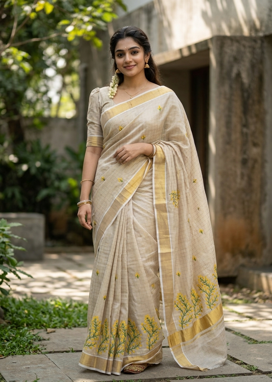 Southloom Kerala Tissue Kasavu Check Saree with Yellow Floral embroidery work