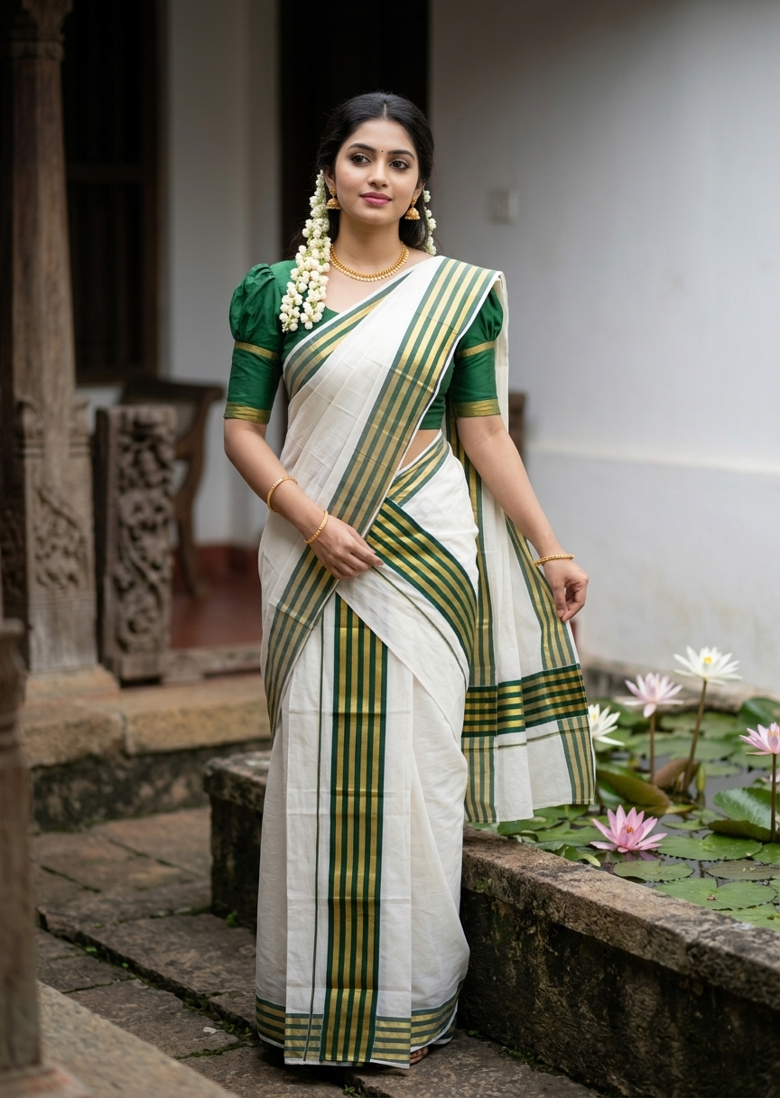 Southloom Cotton Single Kasavu Set Mundu (Mundu Neriyathum) With Gold Kasavu and Green Border 2.80 Mtrs SL463