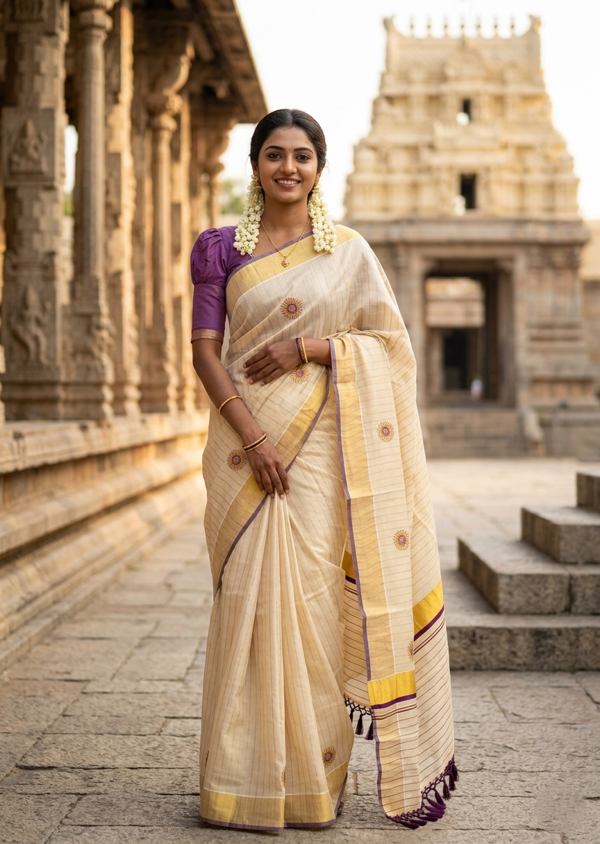 Southloom Kerala Tissue Kasavu Saree with Floral Embroidery Works on Body in Purple