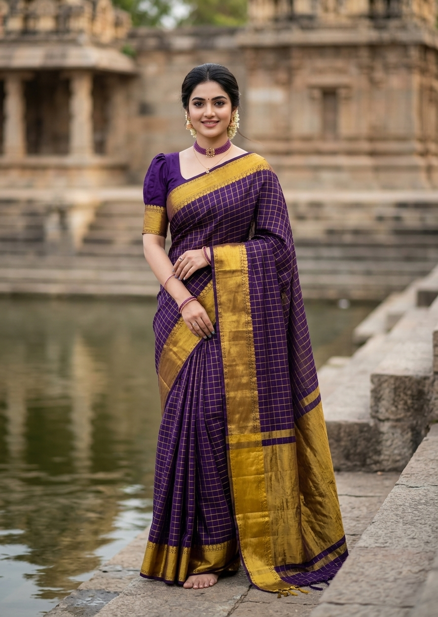 Southloom Kerala Semi Silk Saree With Check Design In Purple